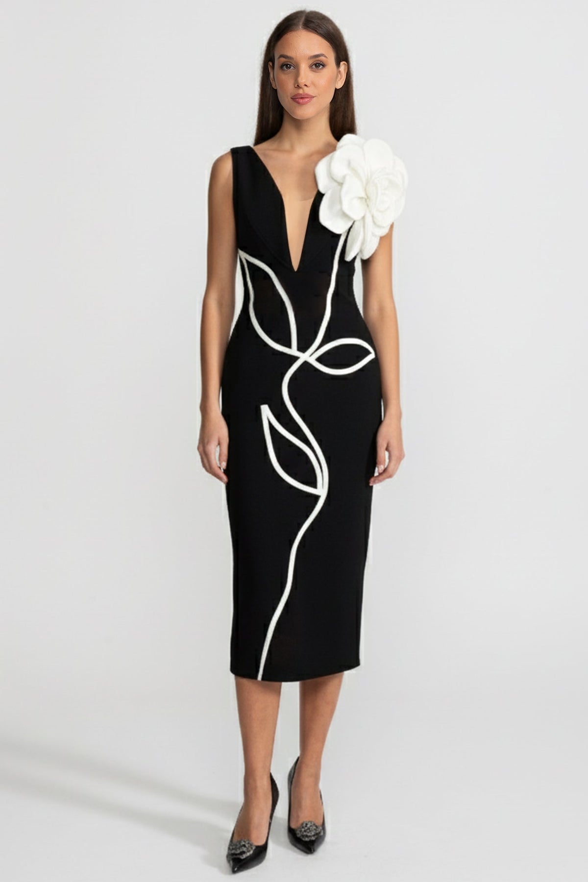 Floral Appliqué Midi Dress With Plunging Neckline – Black & White