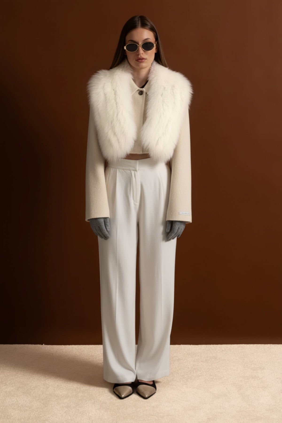 Wool Cropped Jacket with Fox Fur Collar – Ivoire