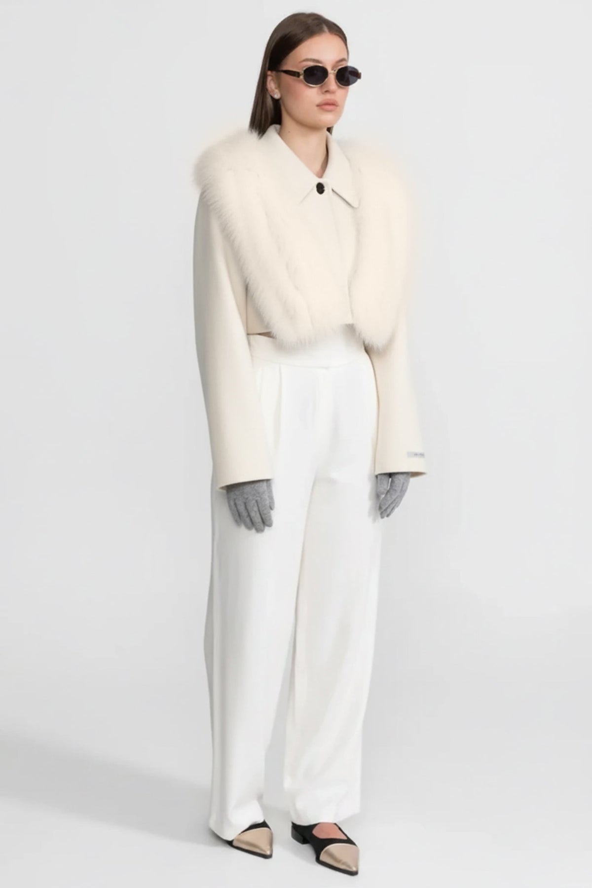 Wool Cropped Jacket with Fox Fur Collar – Ivoire