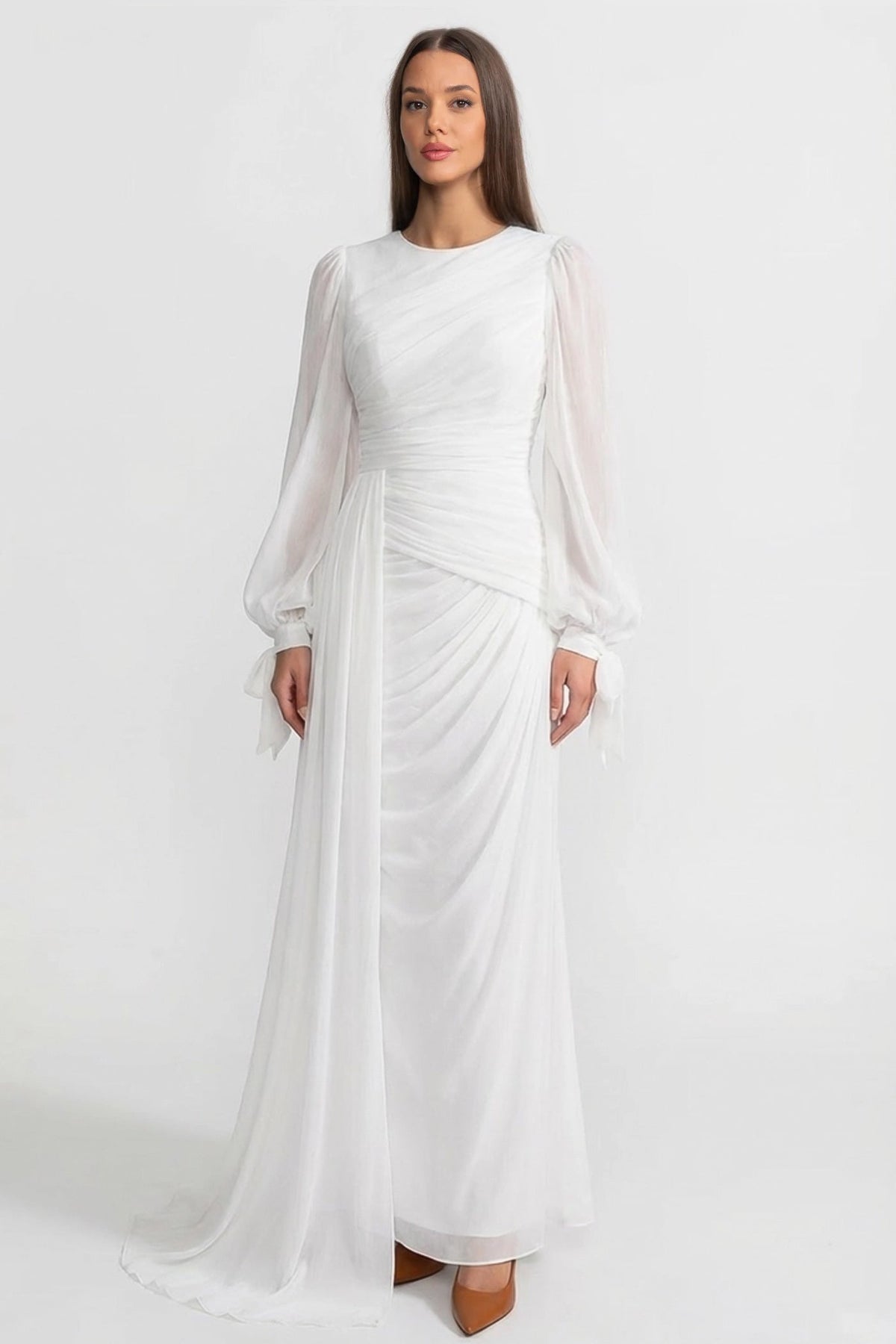 Draped Long-Sleeve Maxi Dress with Gathered Waist – White
