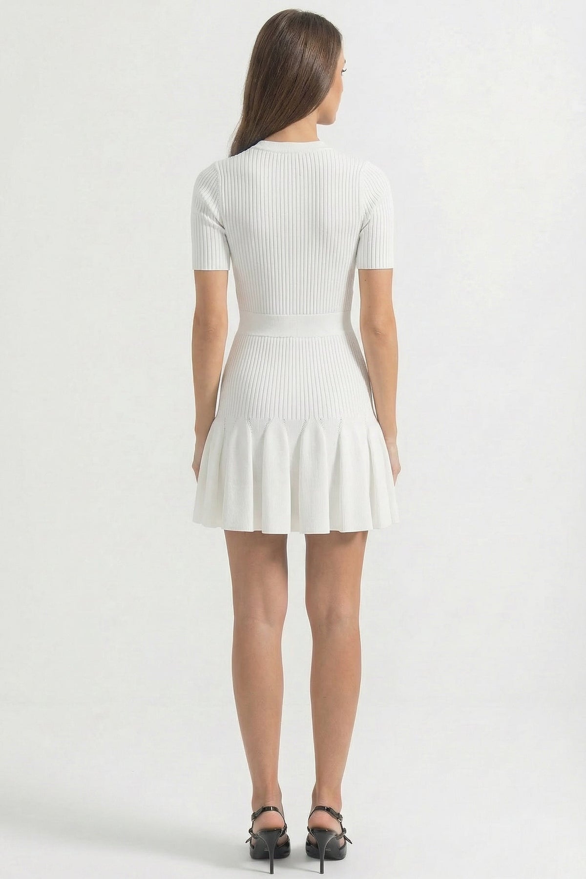 Ribbed Knit Mini Dress With Gold Button Keyhole Neckline - White