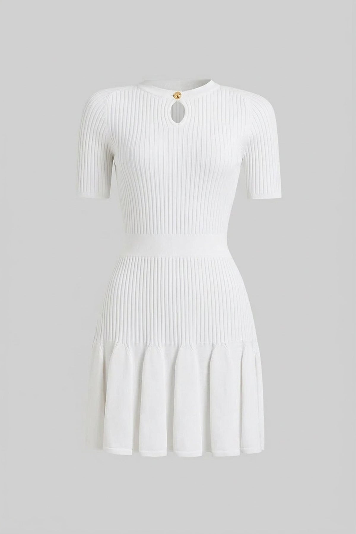 Ribbed Knit Mini Dress With Gold Button Keyhole Neckline - White