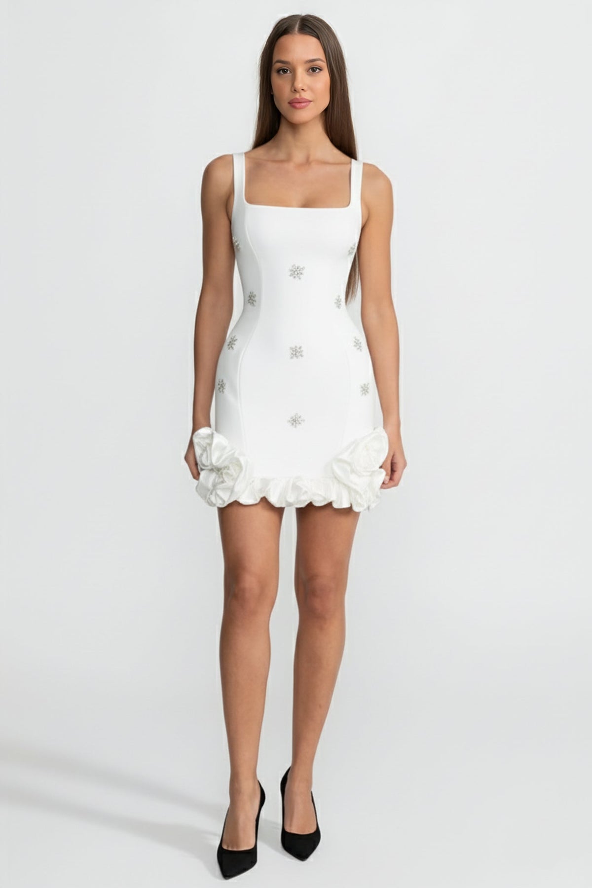 Embellished Bodycon Mini Dress With Crystal Flowers – White