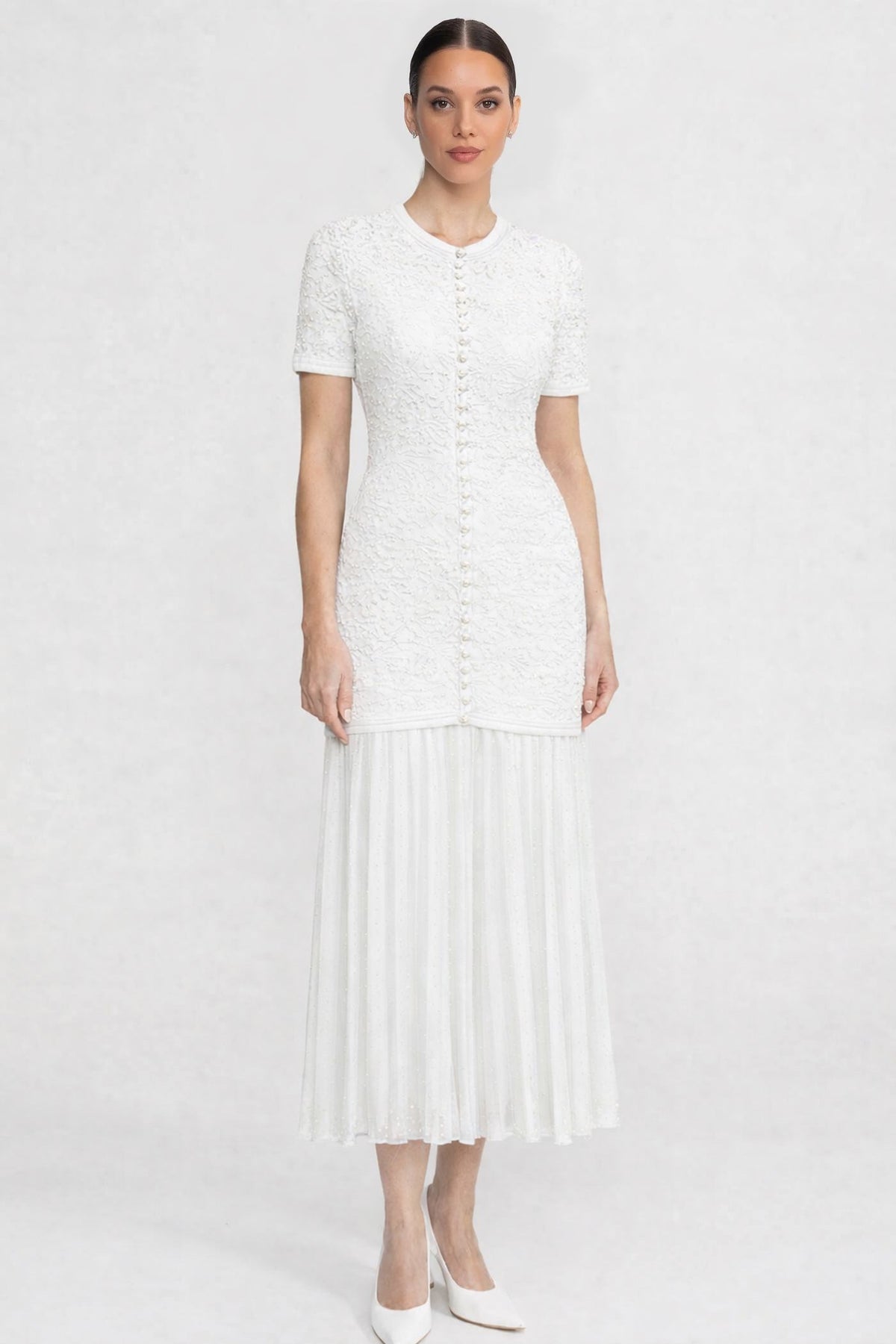 Short Sleeve Midi Dress With Pearl Embellishments - White