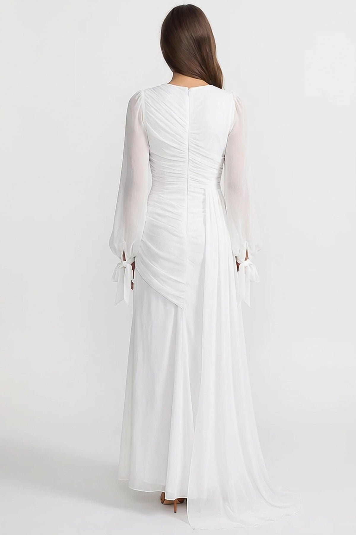 Draped Long-Sleeve Maxi Dress with Gathered Waist – White