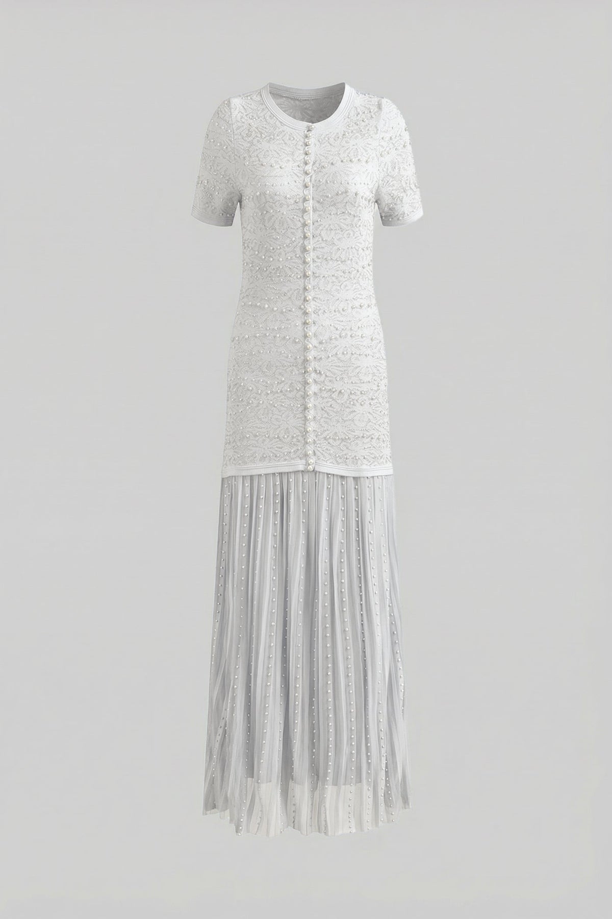 Short Sleeve Midi Dress With Pearl Embellishments - White