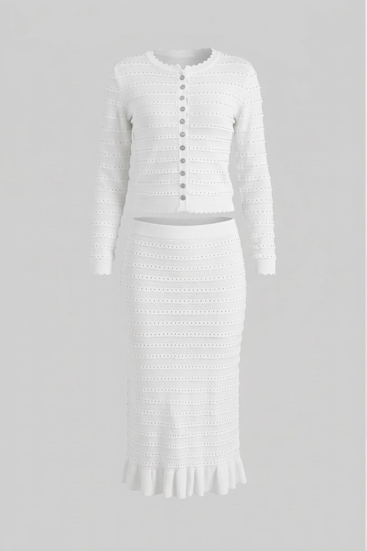 Knit Co-Ord Set With Pointelle Stripe Texture And Sparkling Embellishments - White