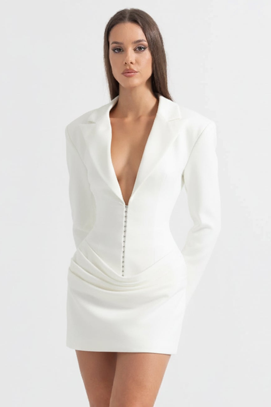 Draped Blazer Mini Dress With Deep Neckline – White
