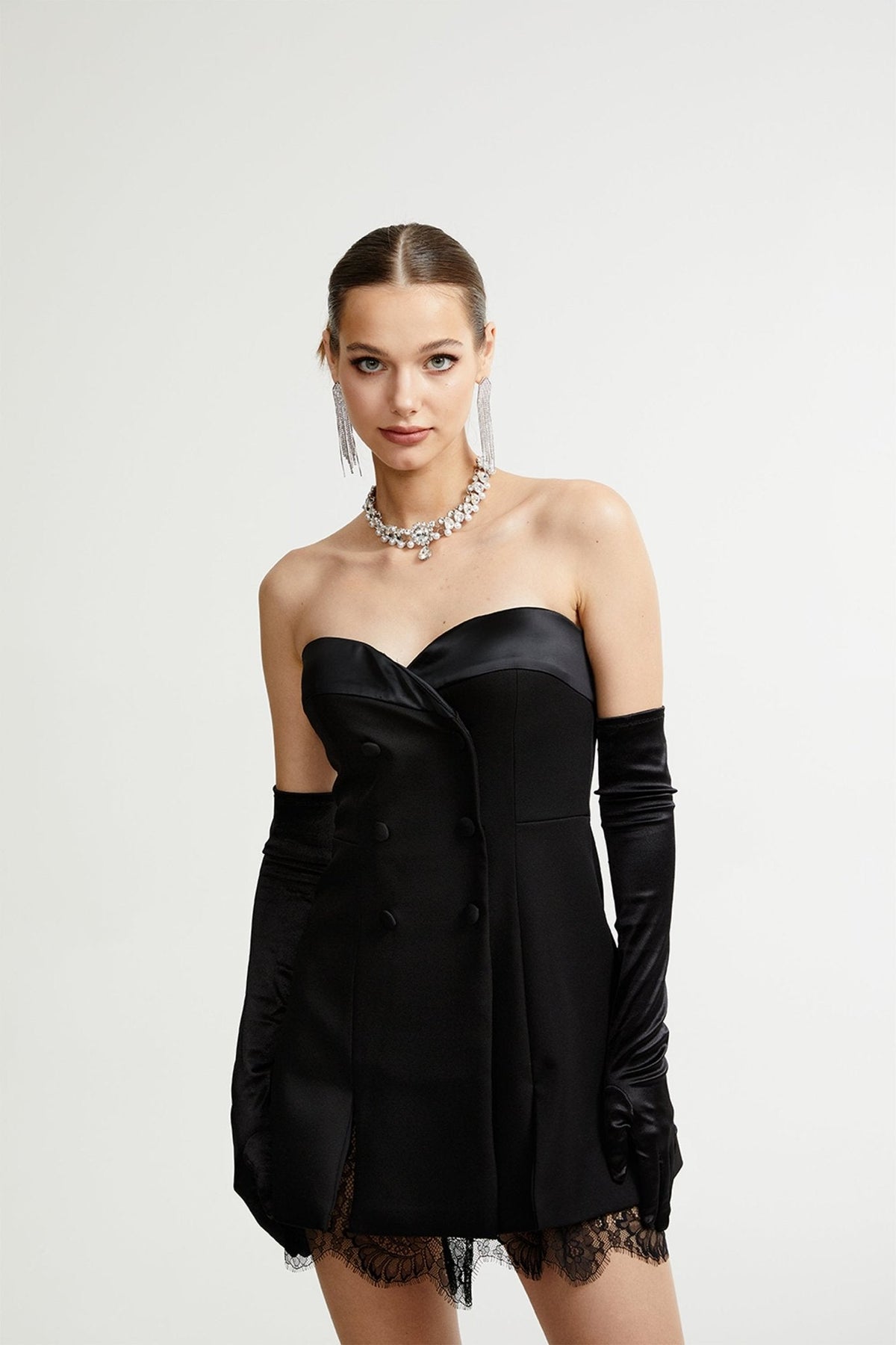 Zephyra black lace-detail mini dress